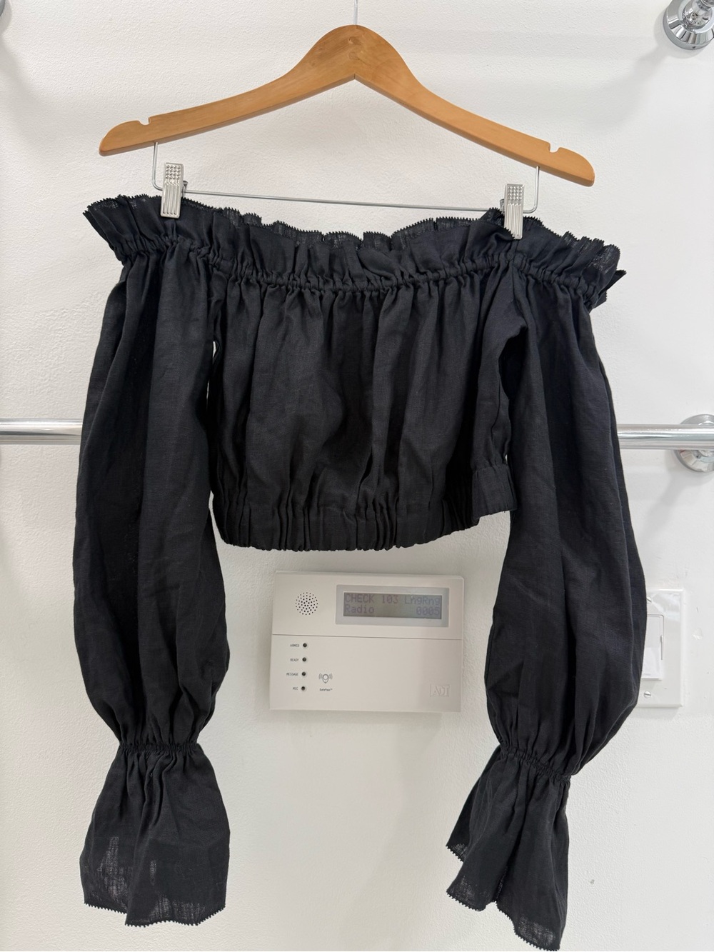 STAUD Black Off-Shoulder Smocked Crop Top